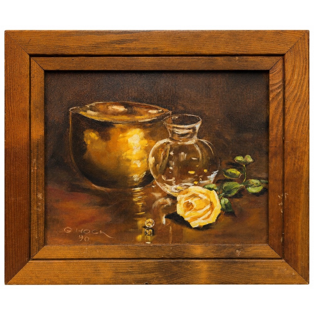 VTG Original Oil Painting Still Life Yellow Rose Brass Vessel Signed G Hock 1990 - Picture 1 of 16